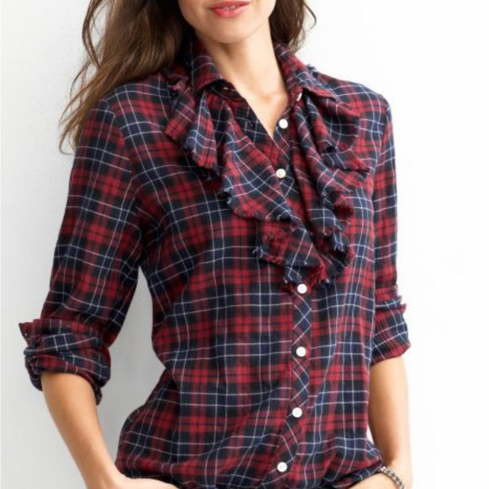 Plaid Ruffle Blouse - Red and Blue
